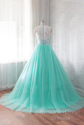Tulle Buttons Lace Long Green Round Neck Semi Formal Prom Dress
